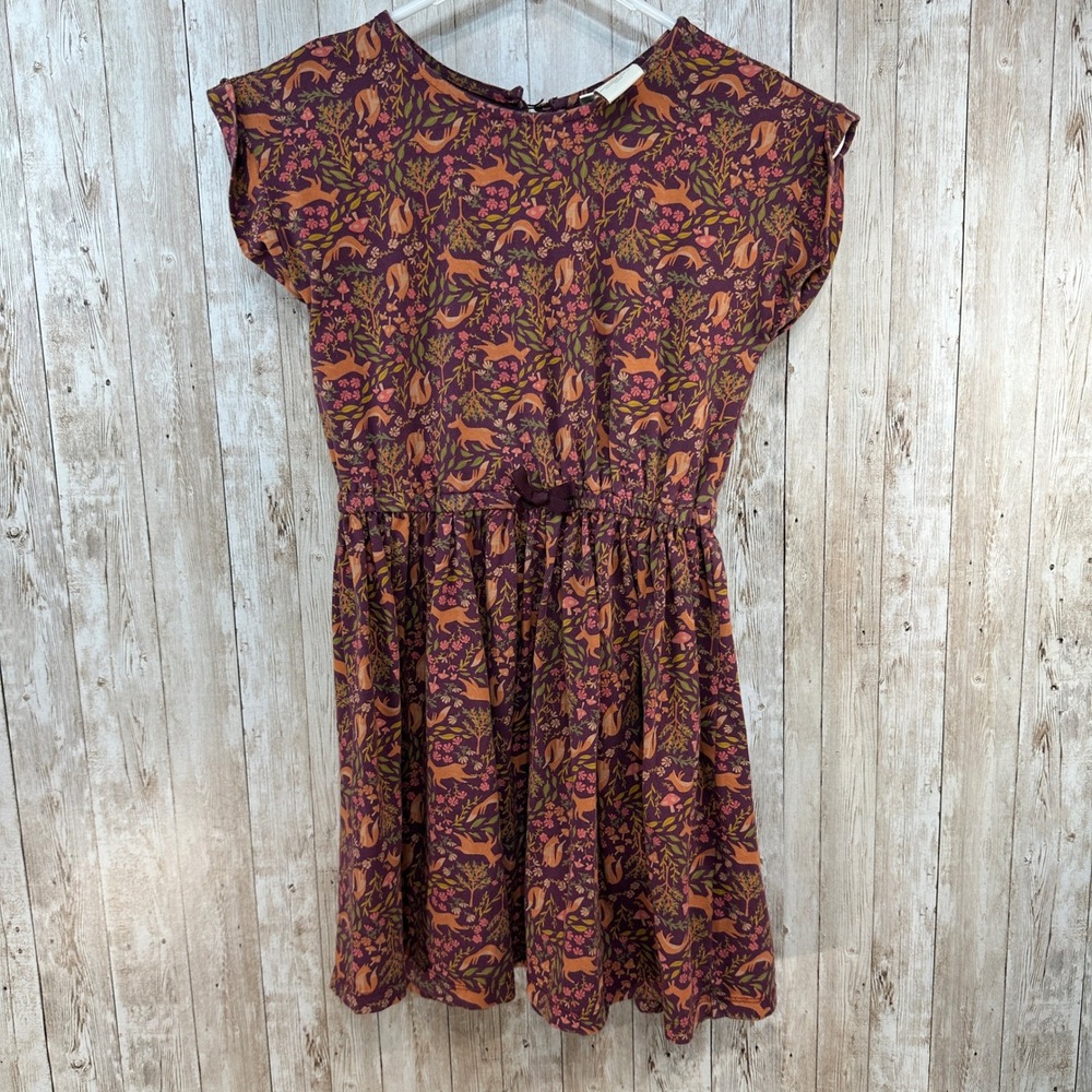Cynthia Rowley Girls Fox Forest Print Dress Purple Orange Elastic Waist Size 7 8